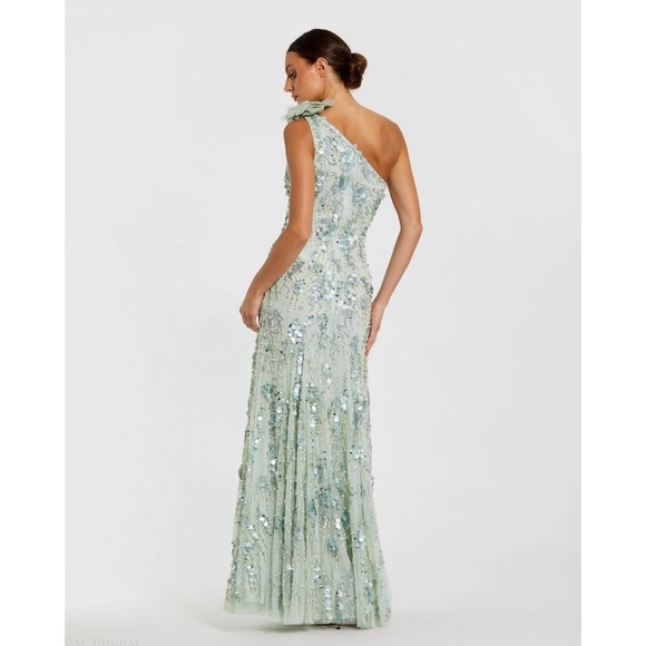 Mac Duggal Pale Mint One-Shoulder Sequin Floral Gown - Picture 2 of 10